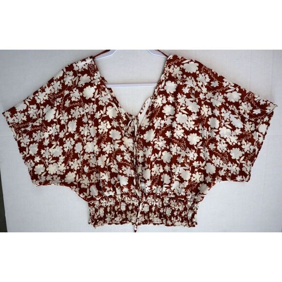 Sienna Sky 02CT4722 Women's Sz L Burgundy Floral V-Neck Tie Back Ruched Blouse - Picture 4 of 6
